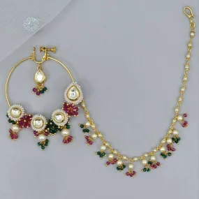 Multicolor Gold plated Kundan Bridal Nose Ring with chain