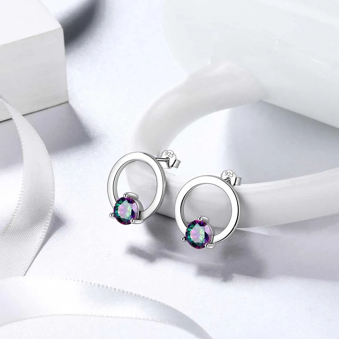 Mystic Topaz Stud Earrings Women Jewelry Sterling Silver Hollow Round