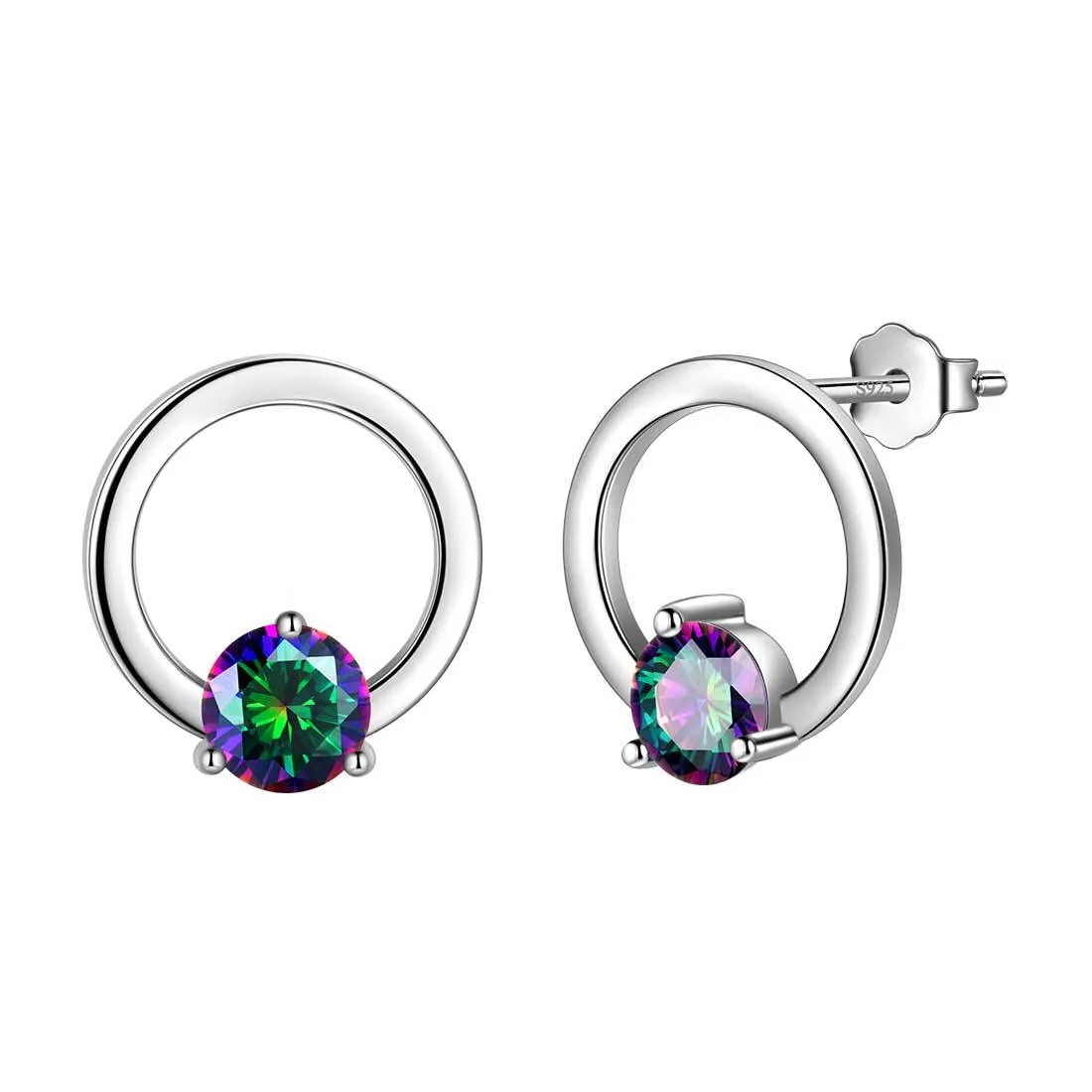 Mystic Topaz Stud Earrings Women Jewelry Sterling Silver Hollow Round