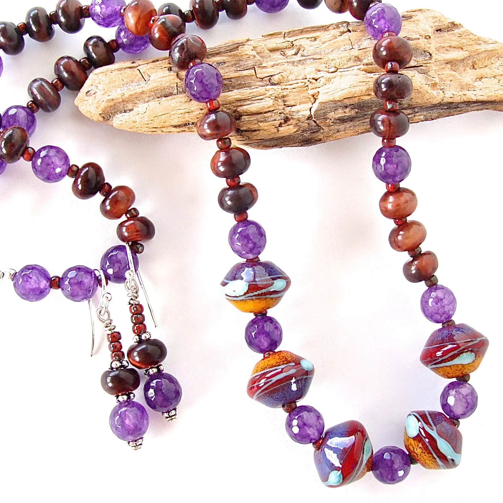 Naomi: Earthy Jewelry with Art Glass and Purple Gemstones