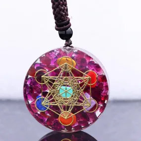 Natural Garnet 7 Chakra Healing Pendant - Metatron Cube Amulet