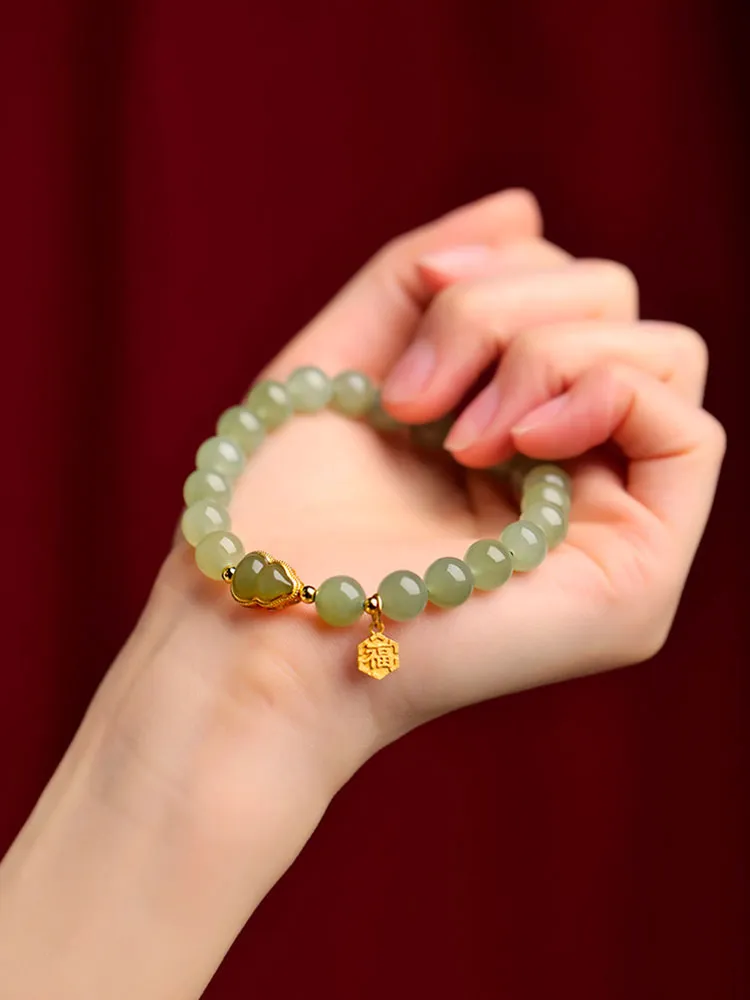 Natural Hetian Qingshui Jade Bracelet Adorned with Jade Gourd and the Chinese Character for '福' (fortune) Charm