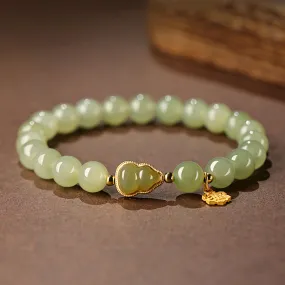 Natural Hetian Qingshui Jade Bracelet Adorned with Jade Gourd and the Chinese Character for '福' (fortune) Charm