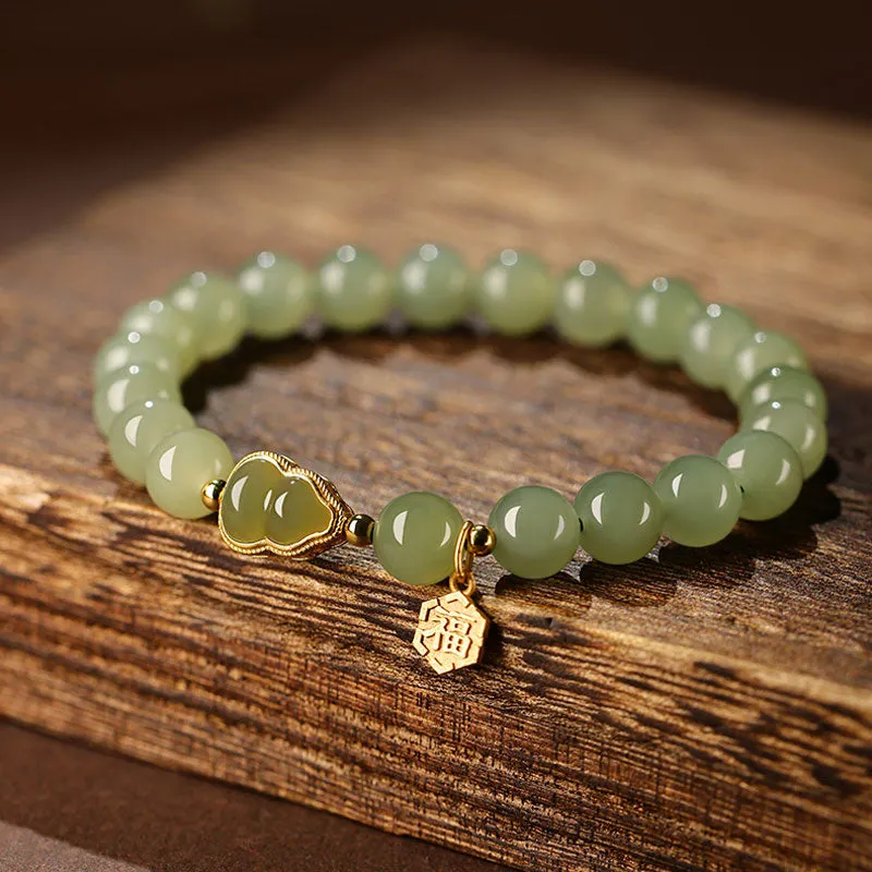 Natural Hetian Qingshui Jade Bracelet Adorned with Jade Gourd and the Chinese Character for '福' (fortune) Charm