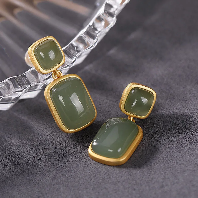 Natural Hotan Green or White Inlaid Drop Jade Earrings