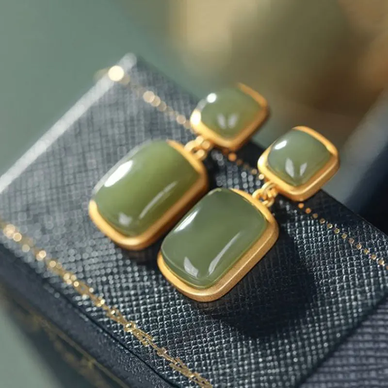 Natural Hotan Green or White Inlaid Drop Jade Earrings