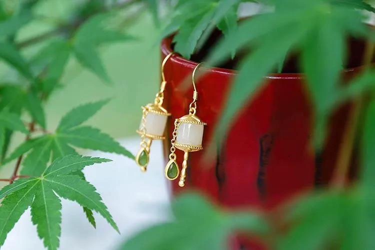 Natural Inlaid Hetian White Green Jade Chime Earrings