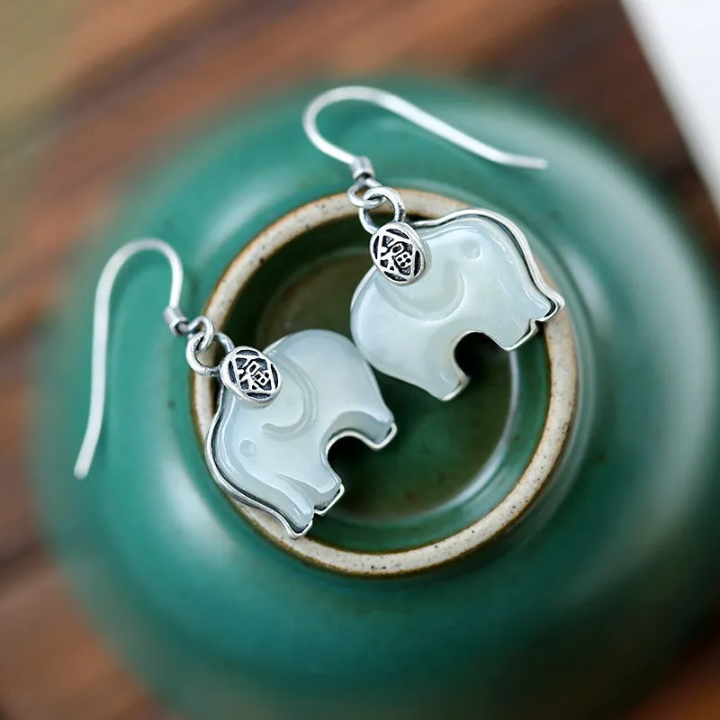 Natural Jade Earrings Nephrite Silver Elephant Earrings ZNE111