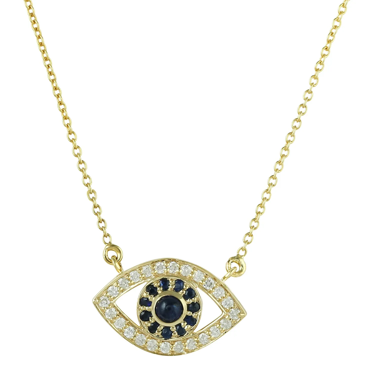 Natural Pave Blue Sapphire diamond Evil Eye Charm 14k Yellow Gold Necklace