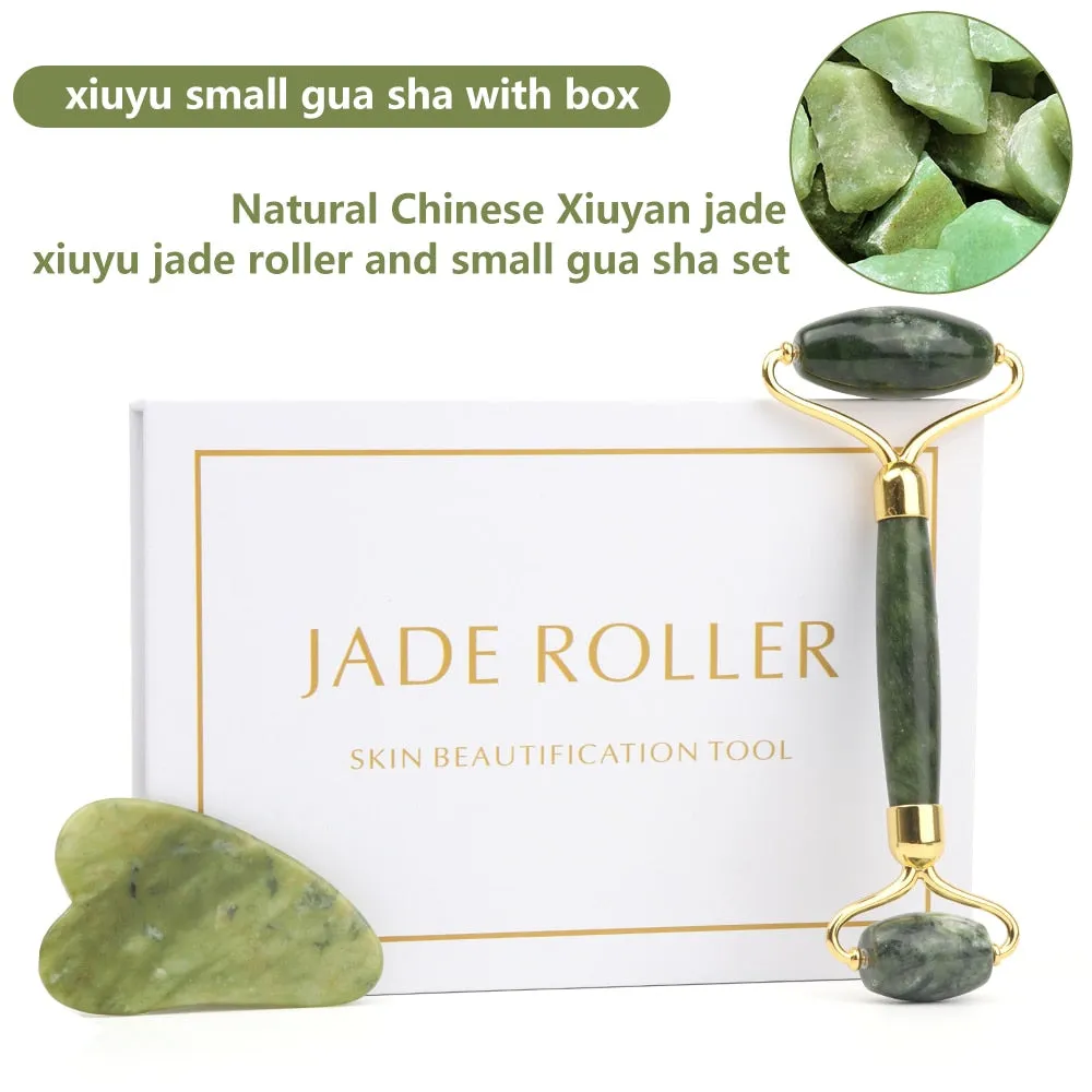 Natural Rose Quartz Jade Roller Gua Sha Set Facial Body Massager Roller Jade Stone Massage Set Face Lifting Beauty Massage Tools