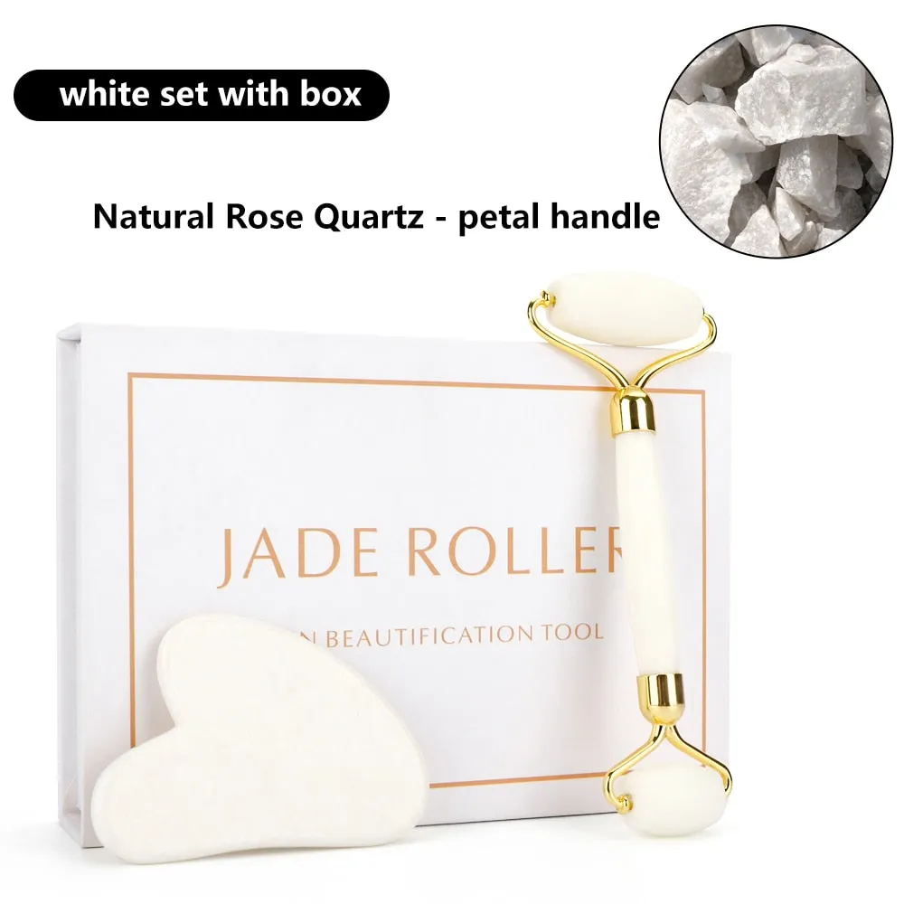 Natural Rose Quartz Jade Roller Gua Sha Set Facial Body Massager Roller Jade Stone Massage Set Face Lifting Beauty Massage Tools