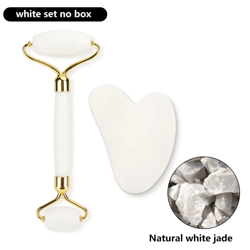 Natural Rose Quartz Jade Roller Gua Sha Set Facial Body Massager Roller Jade Stone Massage Set Face Lifting Beauty Massage Tools