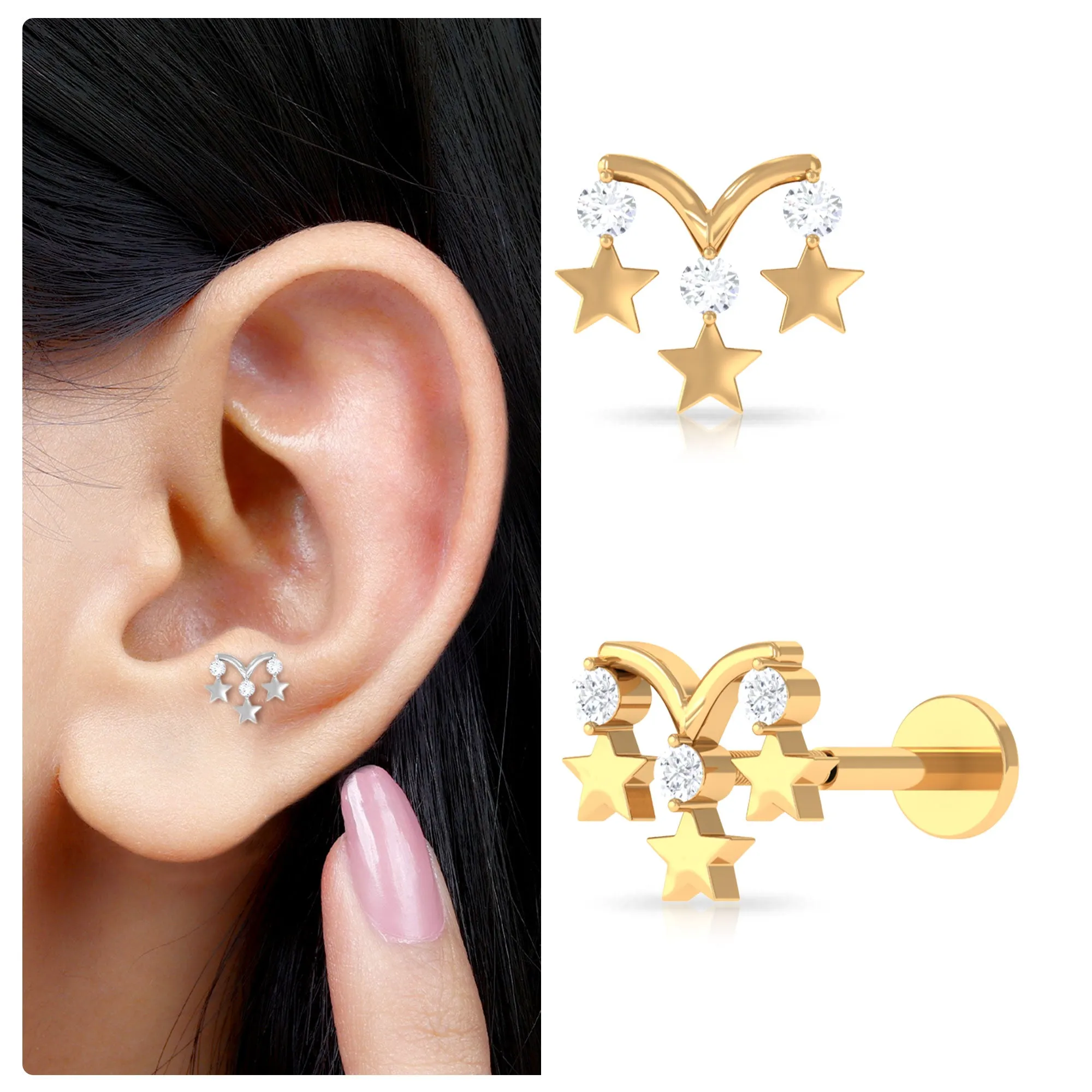 Natural Round Diamond Three Star Cartilage Earring