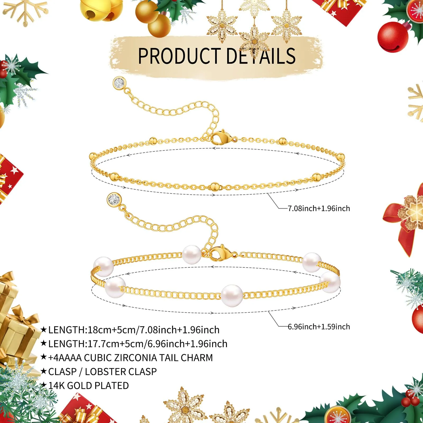 NECOCY Gold Pearl Bracelets for Women,14K Gold Plated Dainty Bracelets Non Tarnish Tiny Bead Link Chain Layered Bracelets Set Jewelry Gift for Women