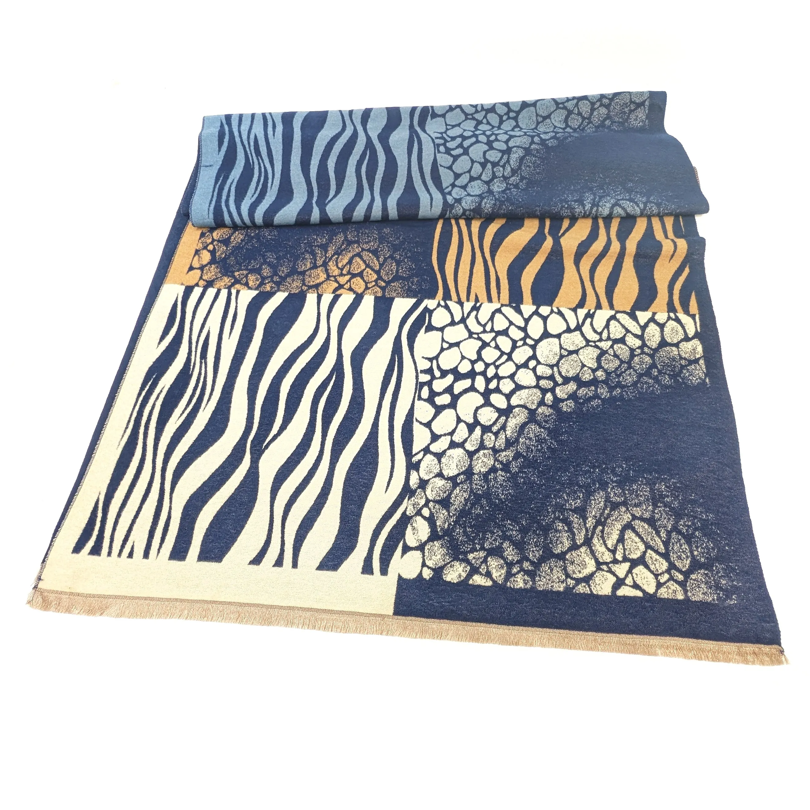 Obzor - Animal Print Boxes Scarf (65x180cm) - Navy/Camel