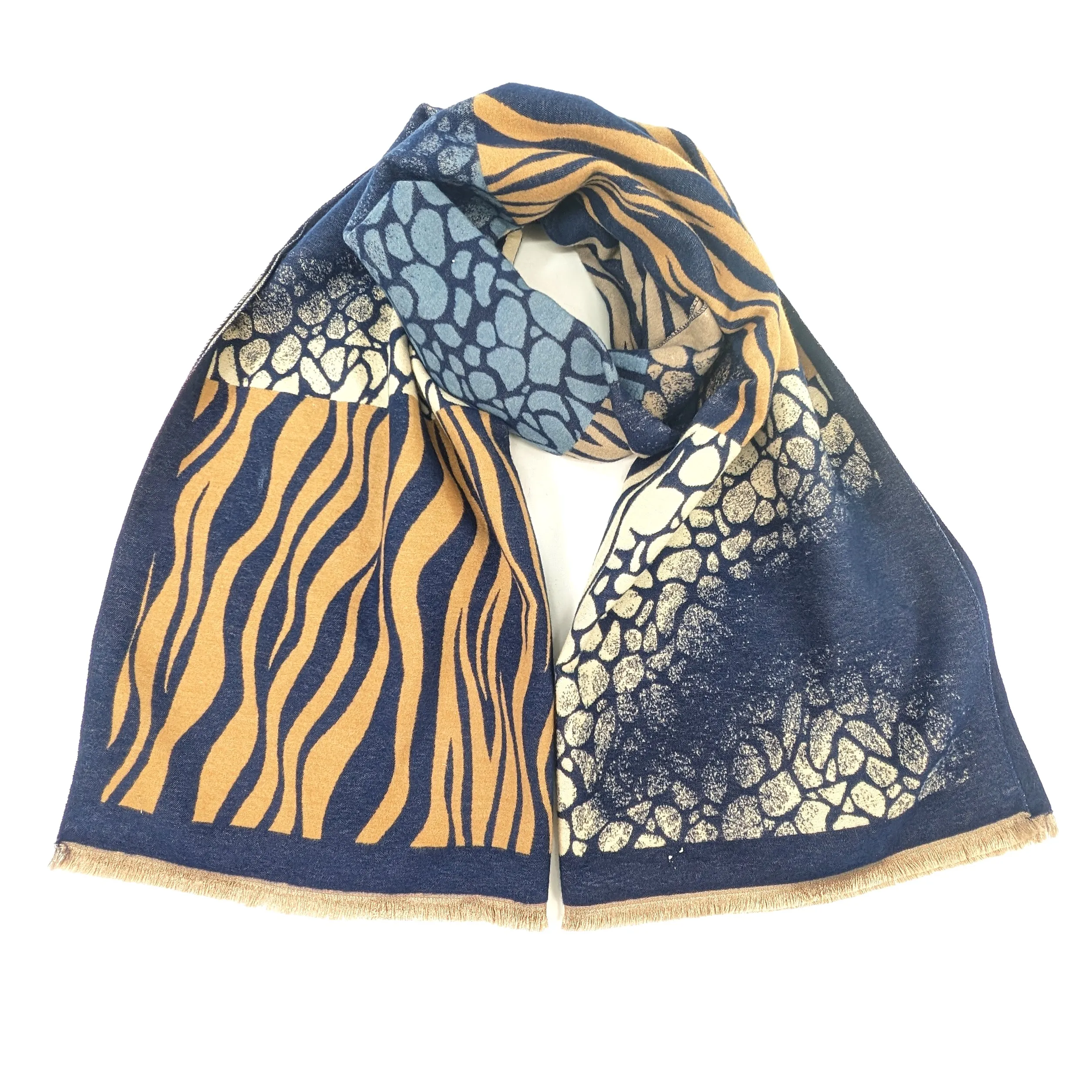 Obzor - Animal Print Boxes Scarf (65x180cm) - Navy/Camel