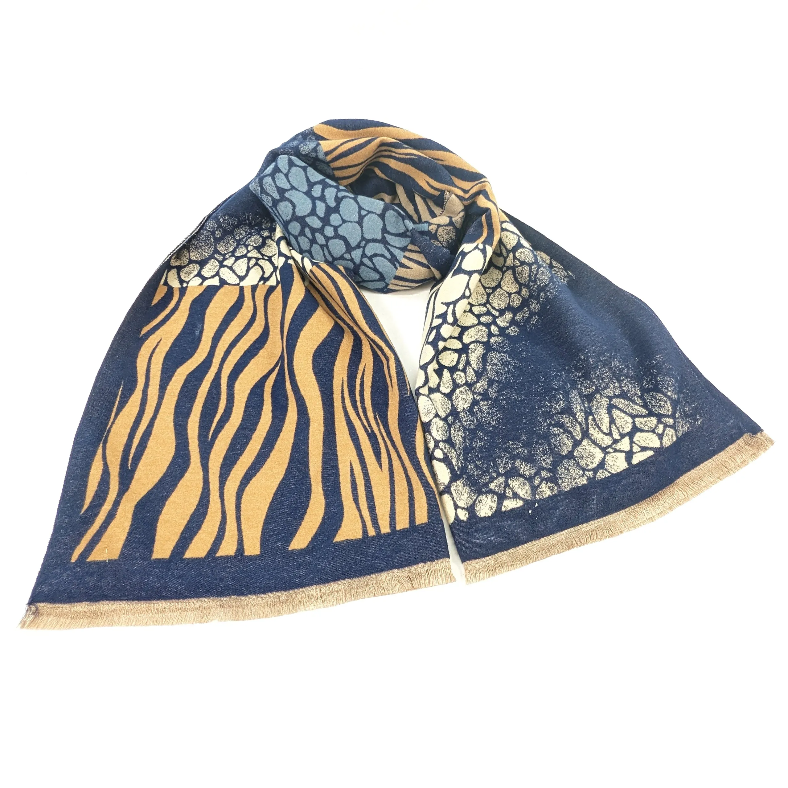 Obzor - Animal Print Boxes Scarf (65x180cm) - Navy/Camel