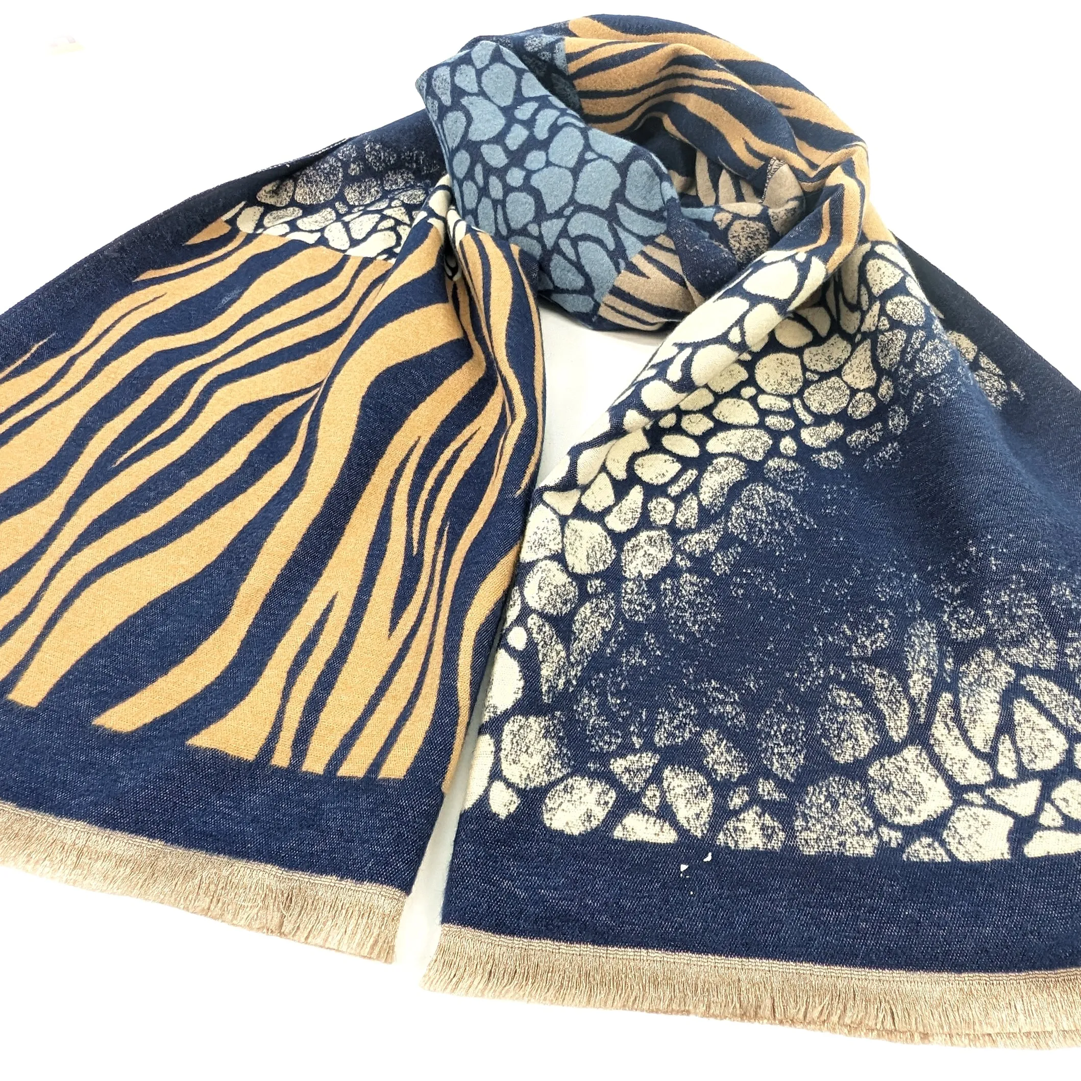 Obzor - Animal Print Boxes Scarf (65x180cm) - Navy/Camel