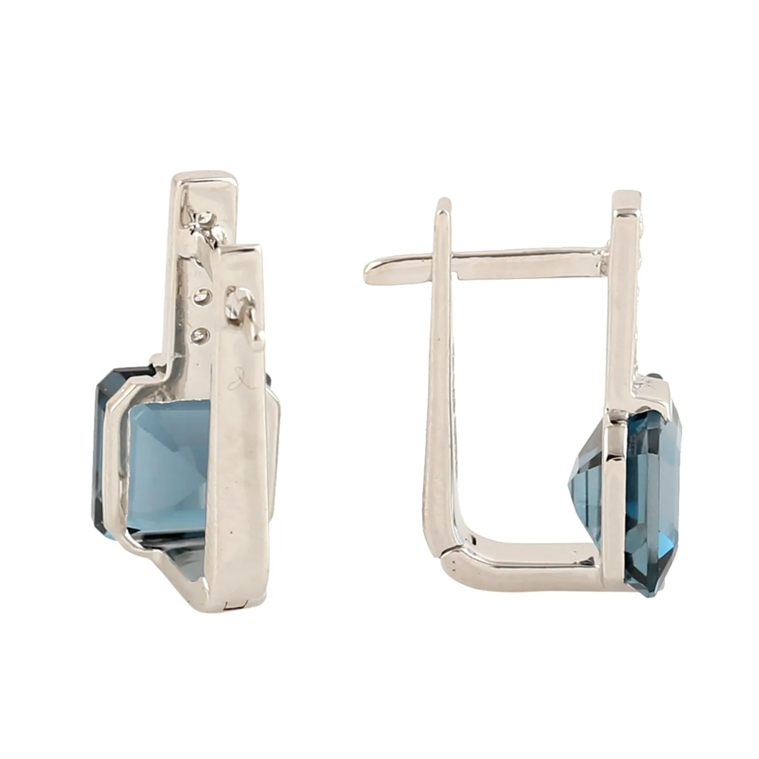 Octagon Blue Topaz Pave Diamond Latch Back Lock Stud Earrings In 18k White Gold