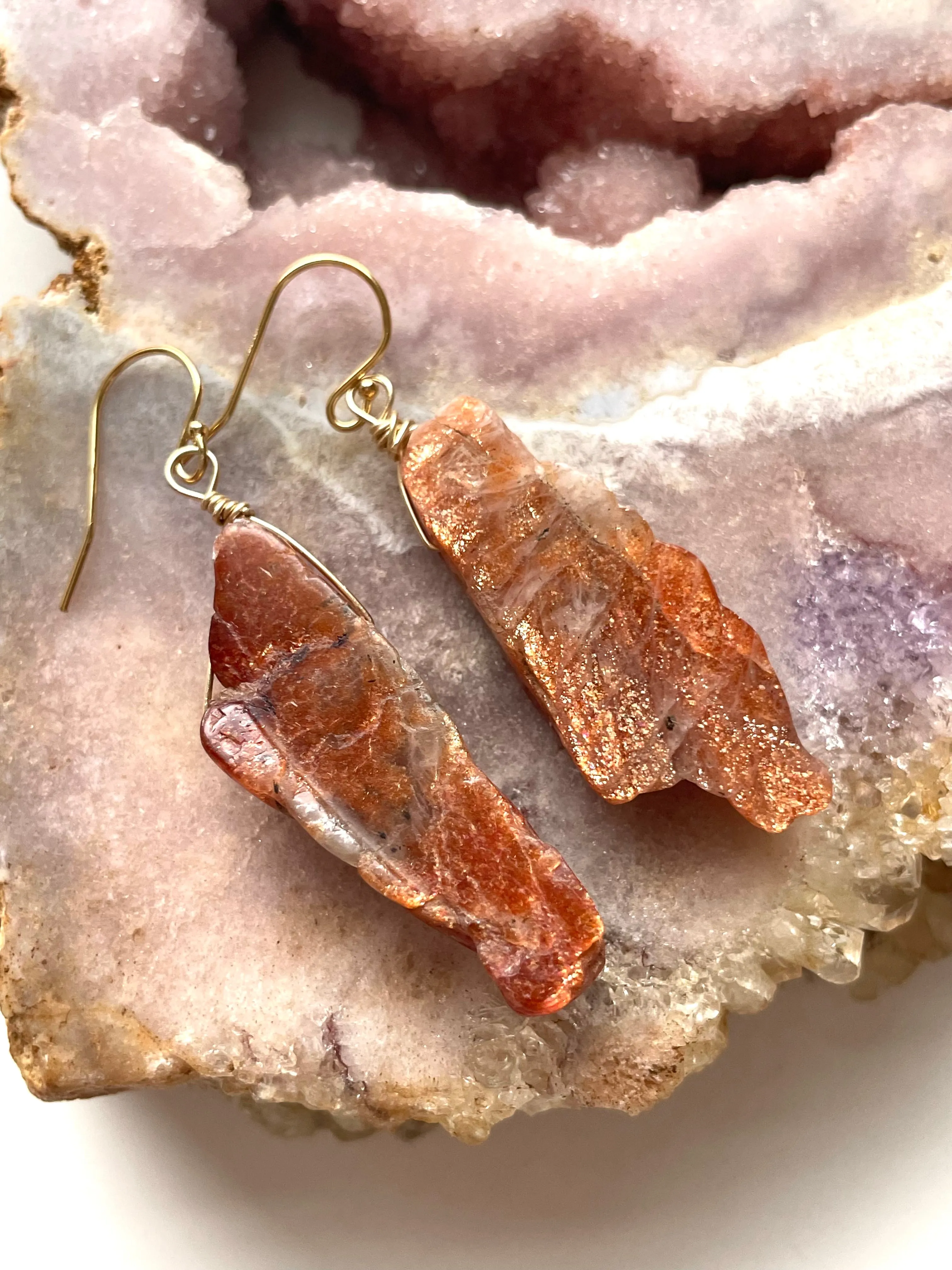 Orange Sunstone Gold Filled Statement Crystal Gemstone Earrings