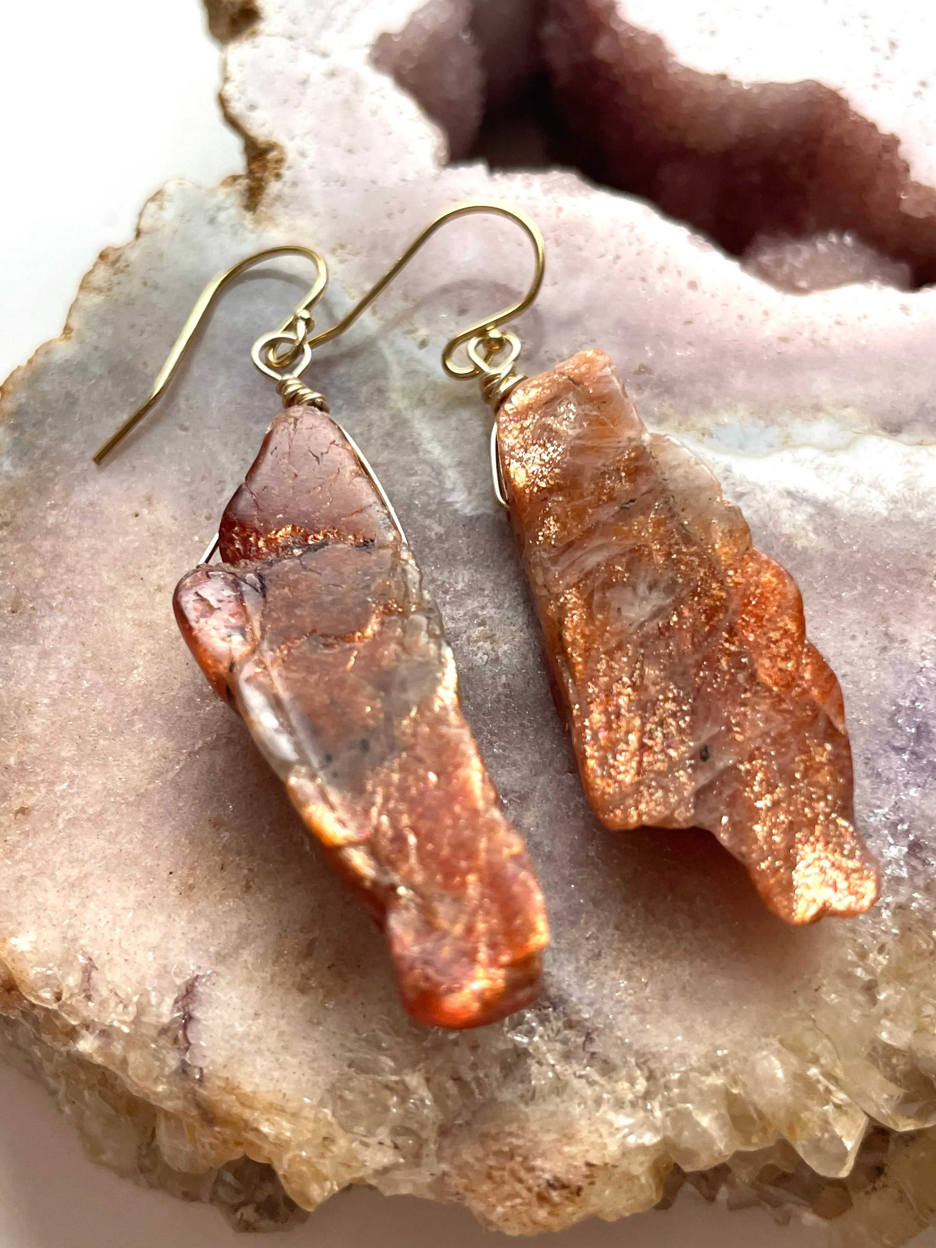 Orange Sunstone Gold Filled Statement Crystal Gemstone Earrings