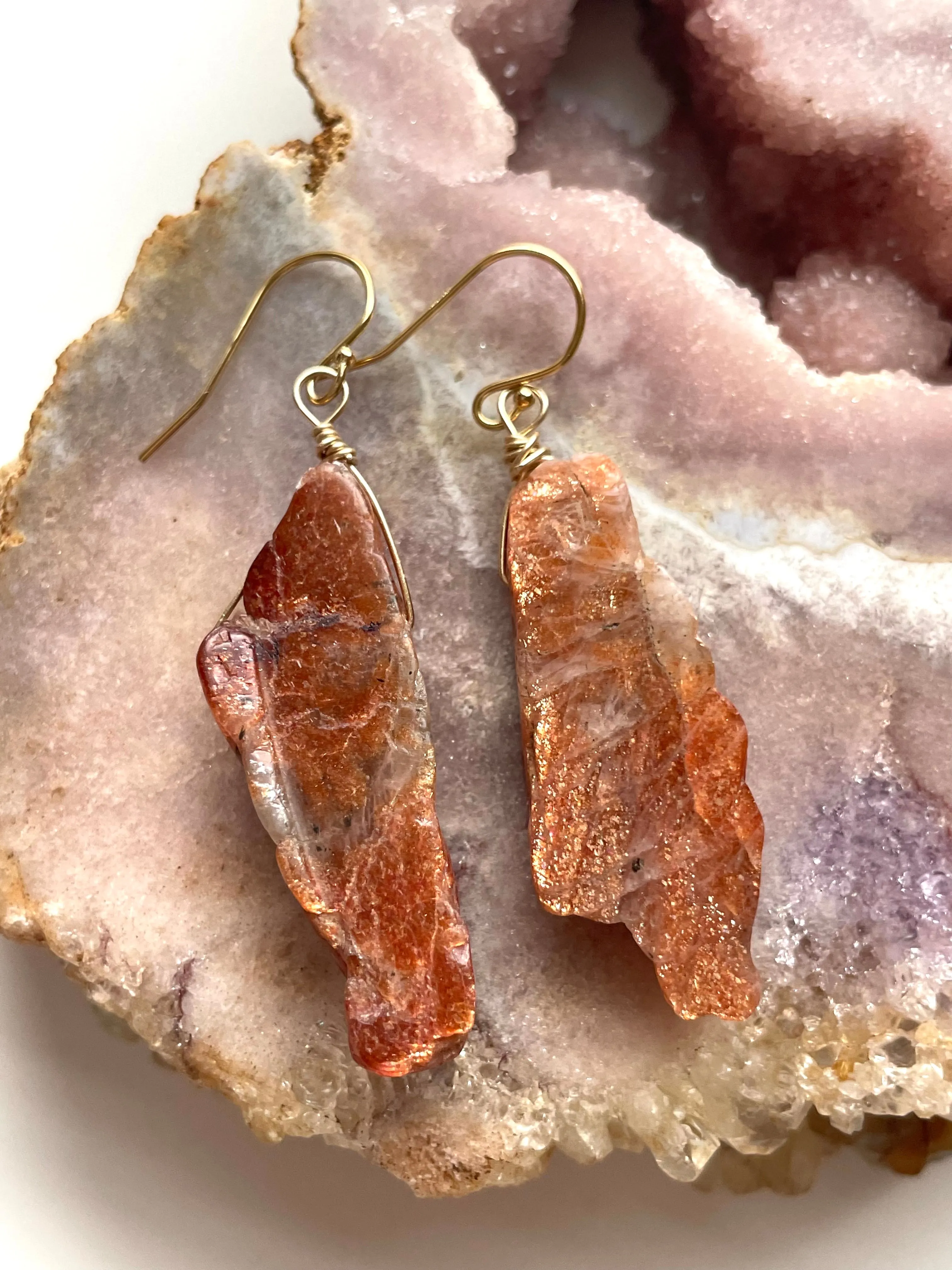 Orange Sunstone Gold Filled Statement Crystal Gemstone Earrings