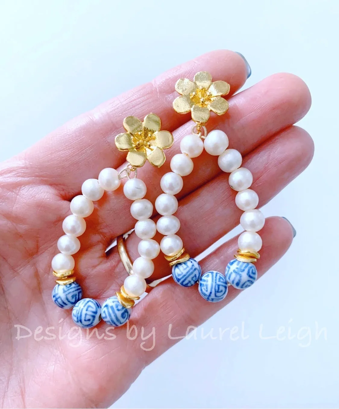 Oval Chinoiserie Floral Freshwater Pearl Earrings