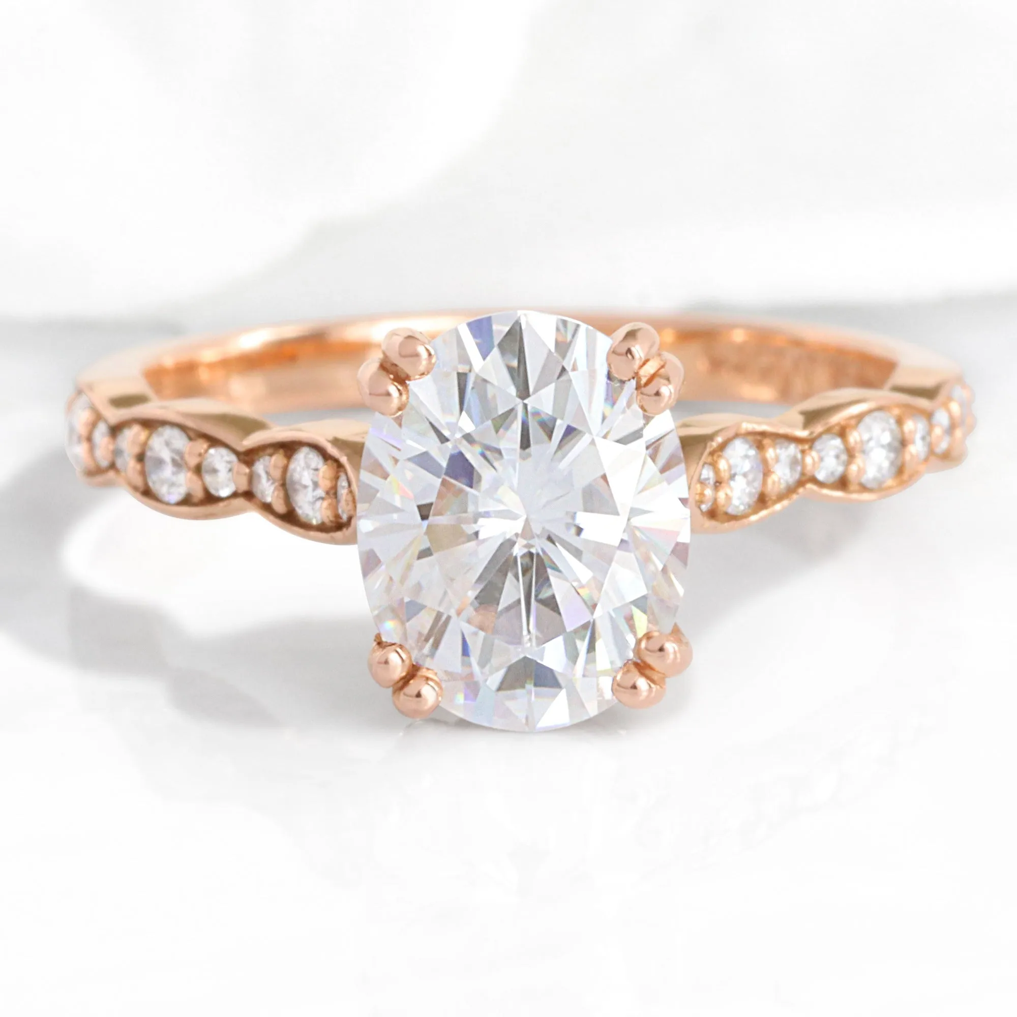 Oval Moissanite Solitaire Ring in 14k Rose Gold Scalloped Diamond Band, Size 5.75