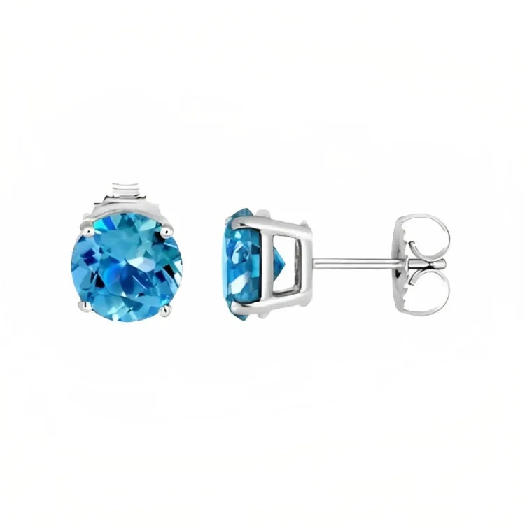 Paris Jewelry 18k White Gold 2 Pair Created Blue Topaz 4mm, 6mm Round & Princess Cut Stud Earrings Plated