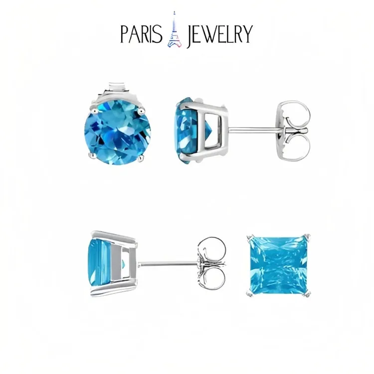 Paris Jewelry 18k White Gold 2 Pair Created Blue Topaz 4mm, 6mm Round & Princess Cut Stud Earrings Plated