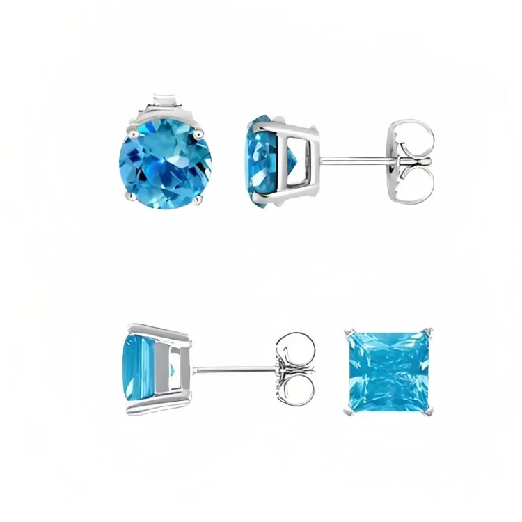 Paris Jewelry 18k White Gold 2 Pair Created Blue Topaz 4mm, 6mm Round & Princess Cut Stud Earrings Plated