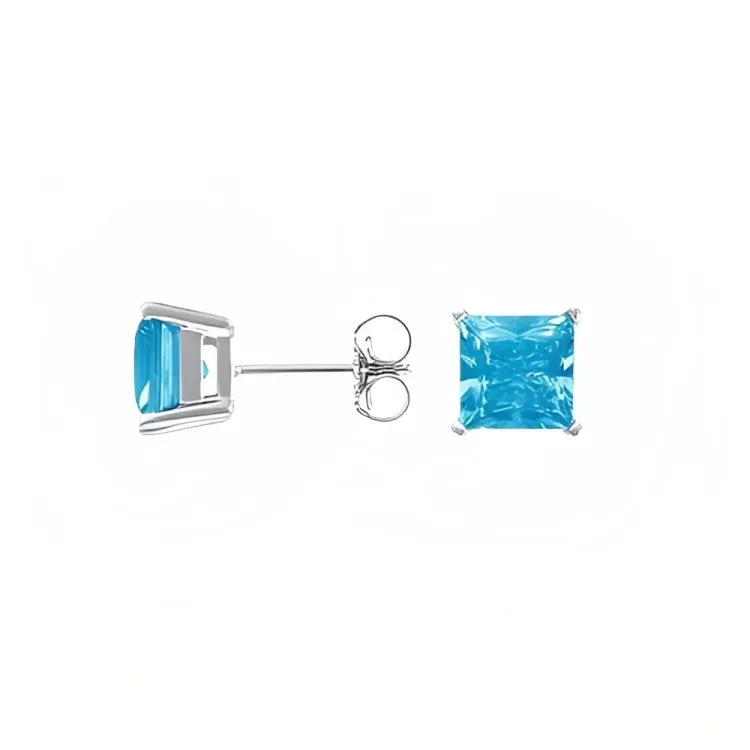 Paris Jewelry 18k White Gold 2 Pair Created Blue Topaz 4mm, 6mm Round & Princess Cut Stud Earrings Plated