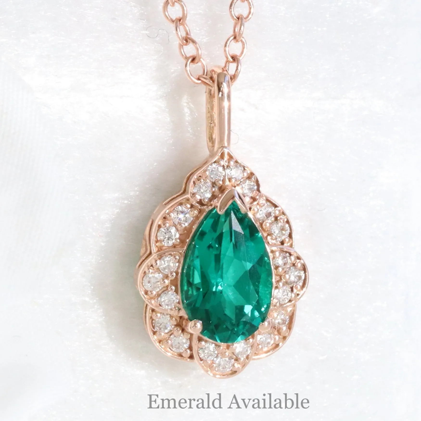 Pear Green Sapphire Necklace in 14k Gold Vintage Floral Diamond Pendant