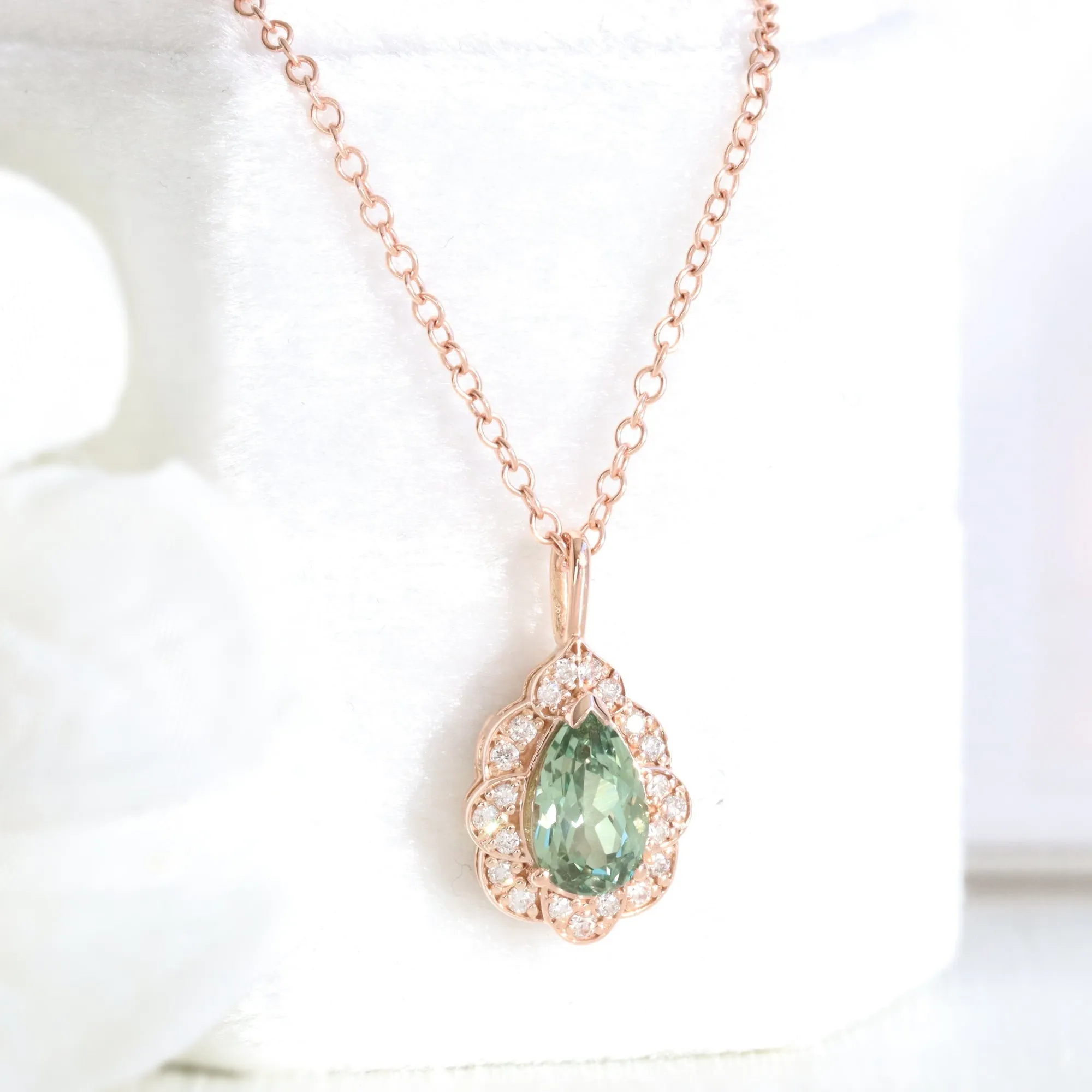 Pear Green Sapphire Necklace in 14k Gold Vintage Floral Diamond Pendant