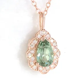 Pear Green Sapphire Necklace in 14k Gold Vintage Floral Diamond Pendant