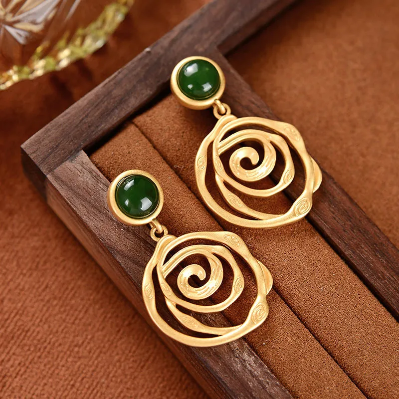 Petite Natural Hetian Inlaid Green Jade Spiral Earrings