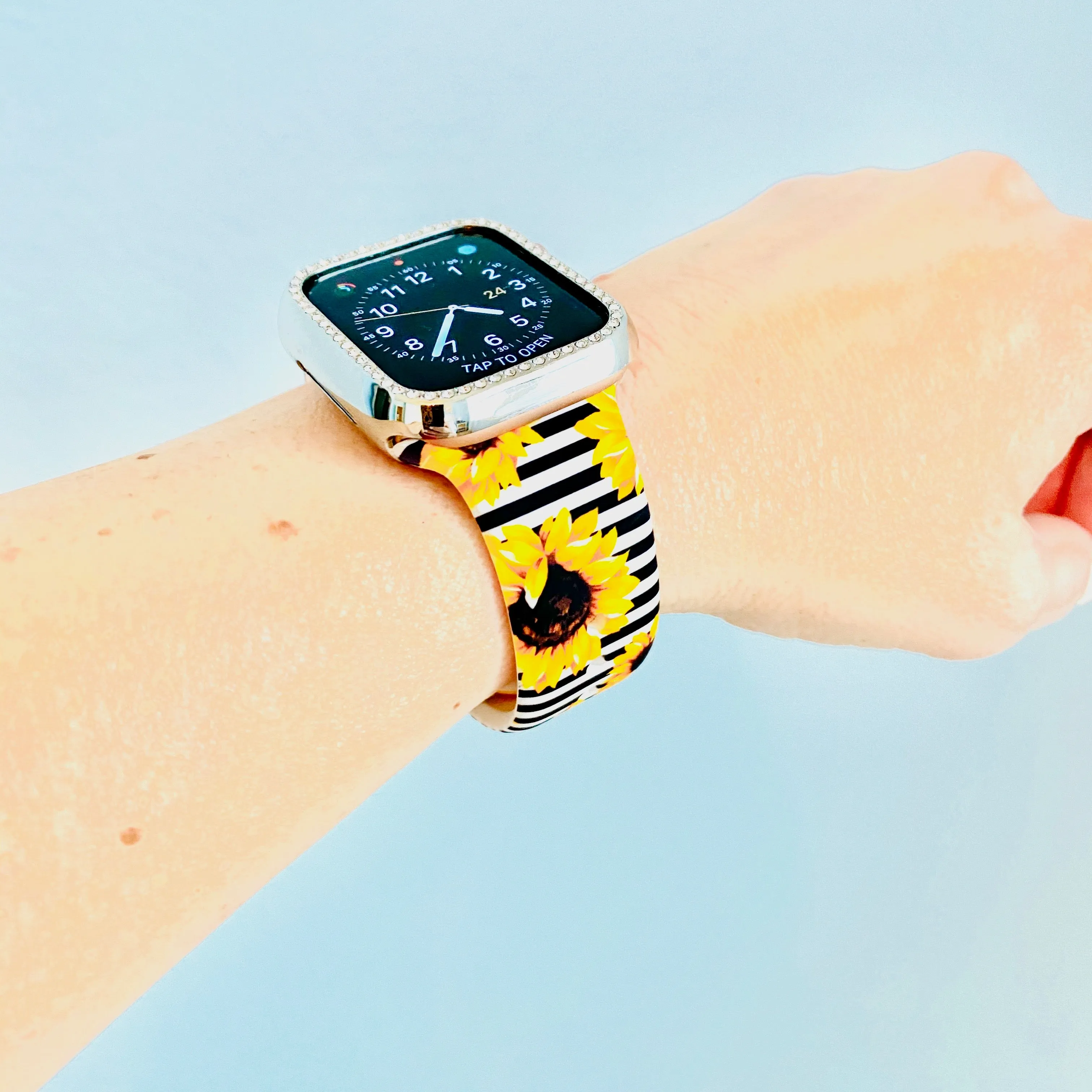 Pin Striped Sunflower Print Silicone Band For Apple Watch