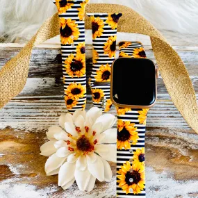 Pin Striped Sunflower Print Silicone Band For Apple Watch