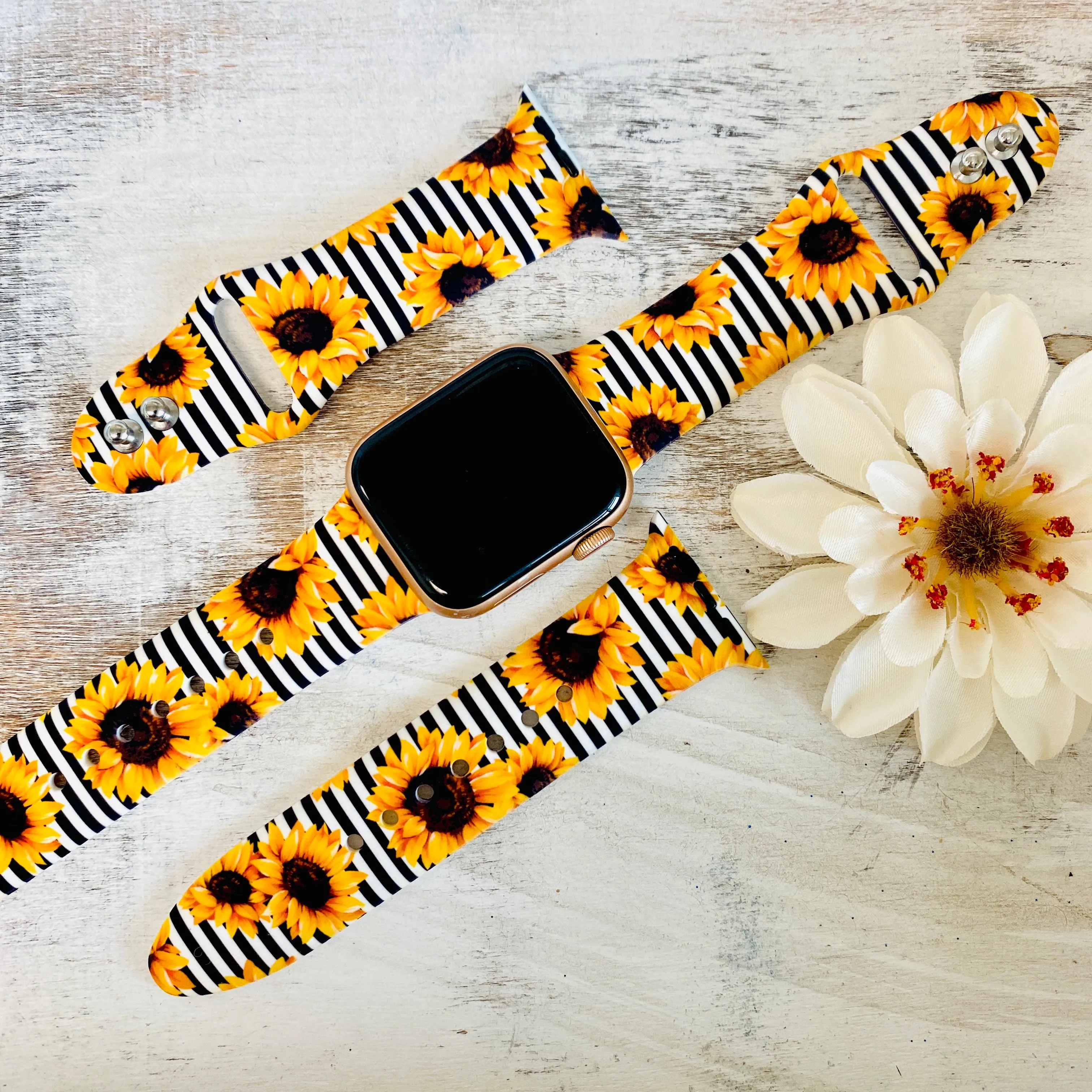 Pin Striped Sunflower Print Silicone Band For Apple Watch