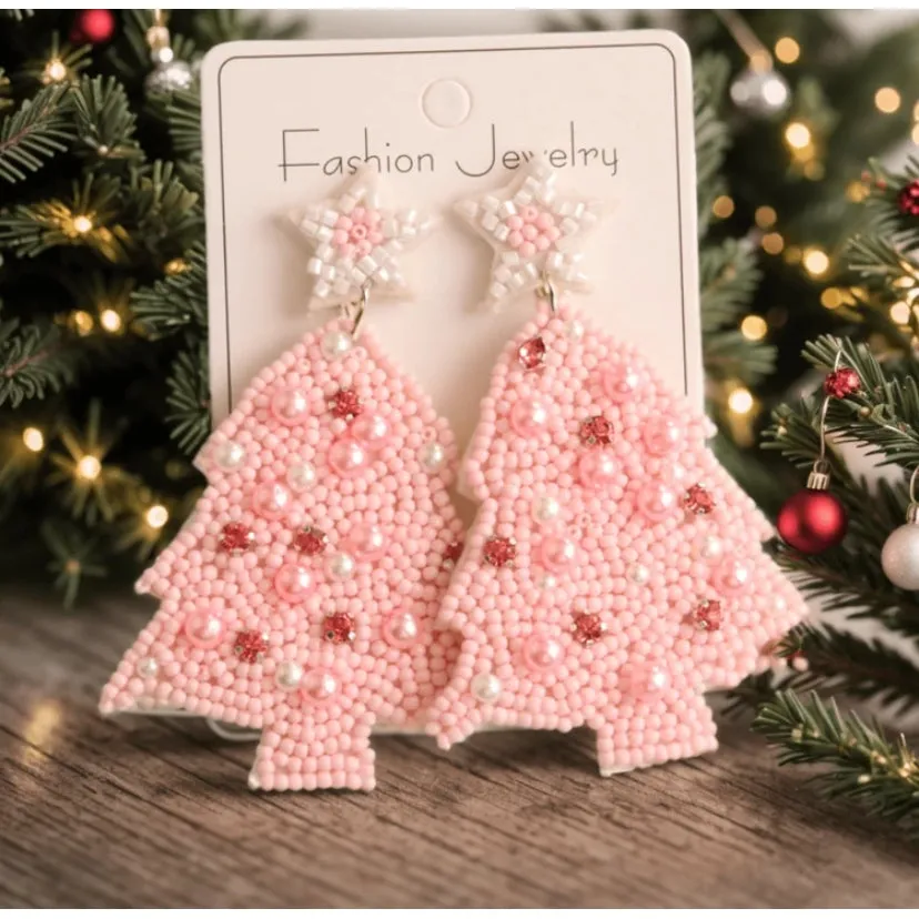 Pink Christmas Beaded Christmas Tree Earrings