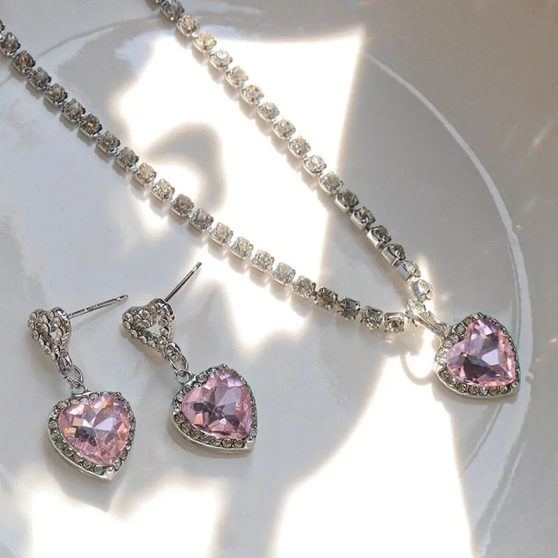 Pink Rhinestone Heart Pendant Chain Necklace Dangle Earrings Set