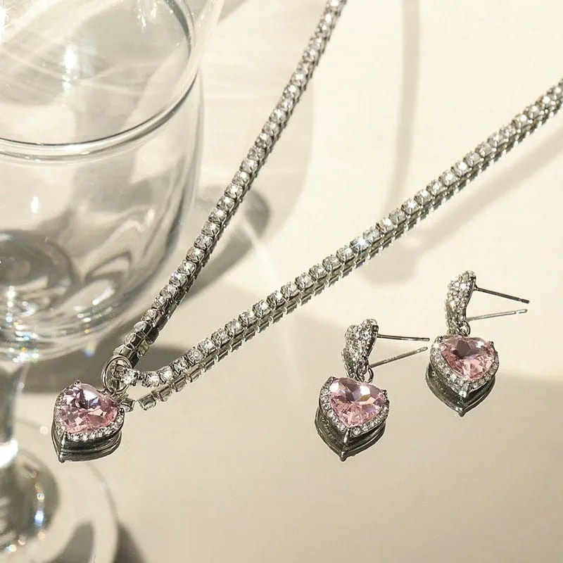 Pink Rhinestone Heart Pendant Chain Necklace Dangle Earrings Set