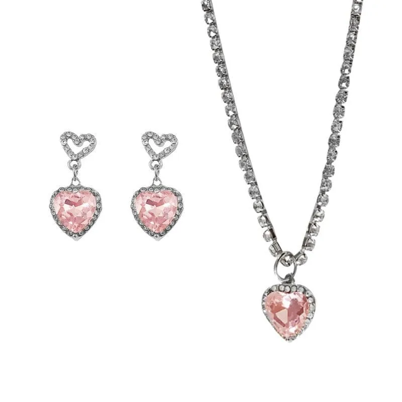 Pink Rhinestone Heart Pendant Chain Necklace Dangle Earrings Set