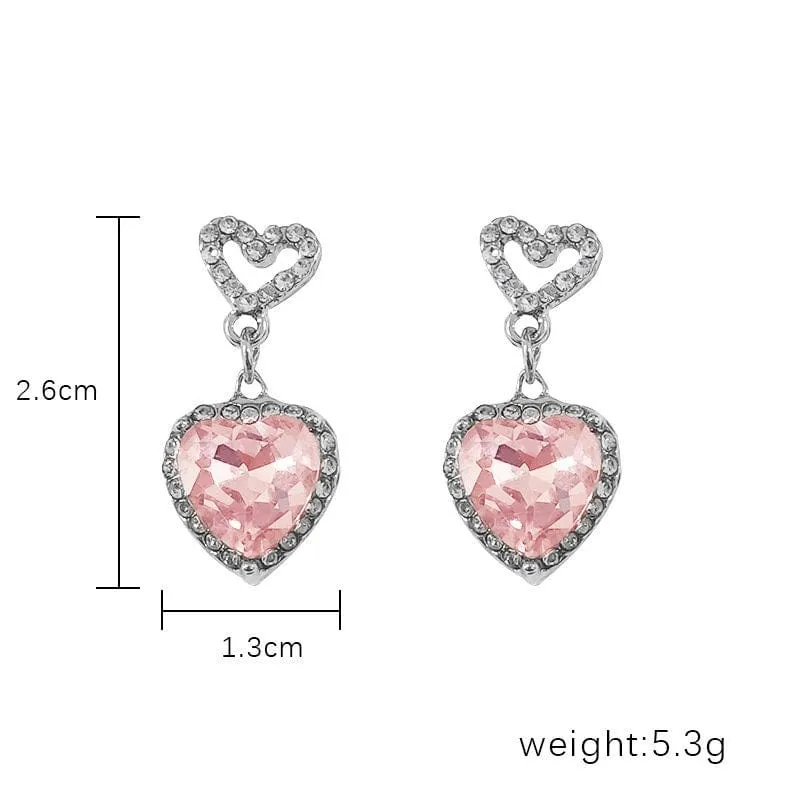 Pink Rhinestone Heart Pendant Chain Necklace Dangle Earrings Set