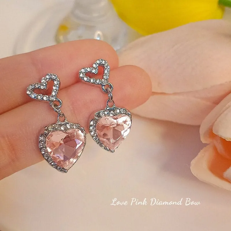 Pink Rhinestone Heart Pendant Chain Necklace Dangle Earrings Set