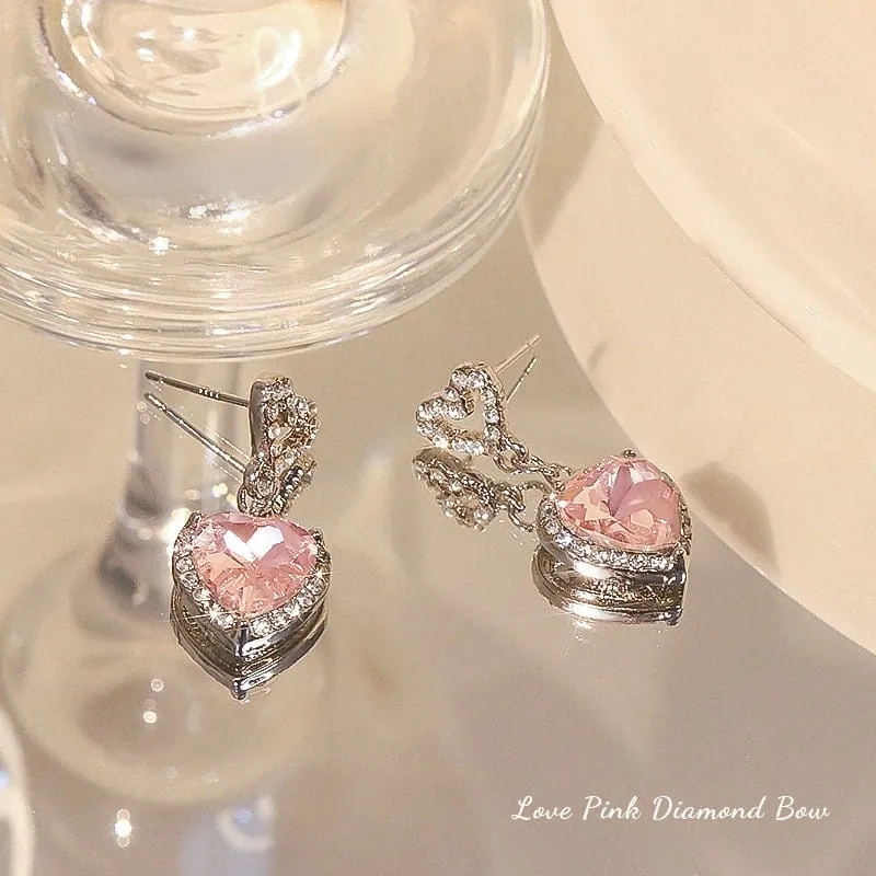 Pink Rhinestone Heart Pendant Chain Necklace Dangle Earrings Set