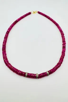 PINK SAPPHIRE HEISHI NECKLACE WITH 3 DOUBLE DIAMOND SPACERS