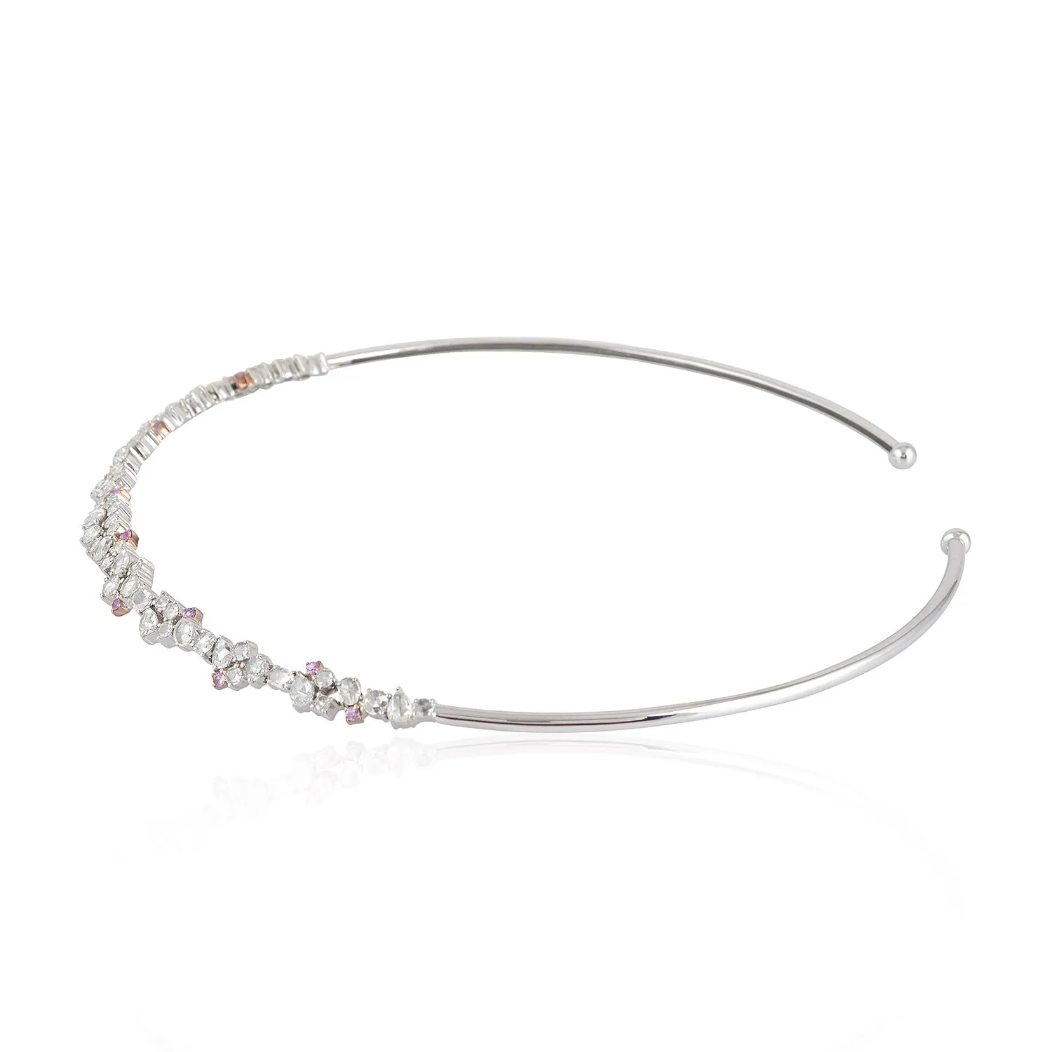 Pink Sapphire Prong Rose Cut Diamond In White Gold Herringbone Cuff Necklace On Sale