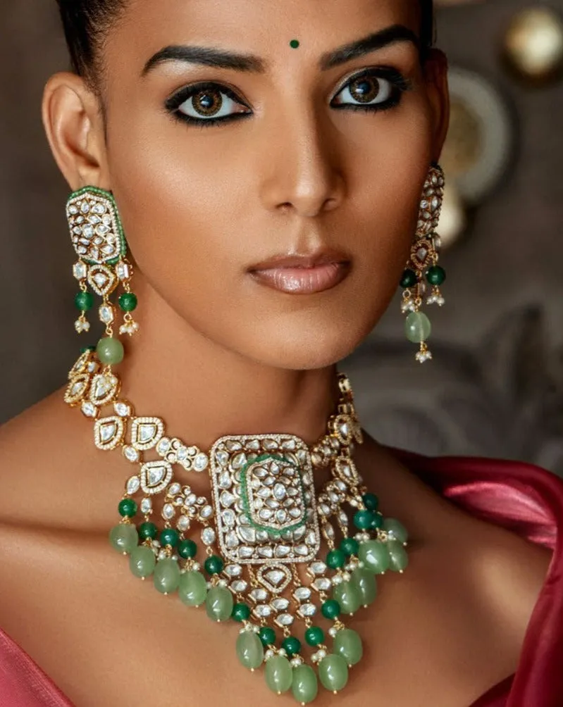 Polki & Green Jade Tumbles Bridal Necklace Set