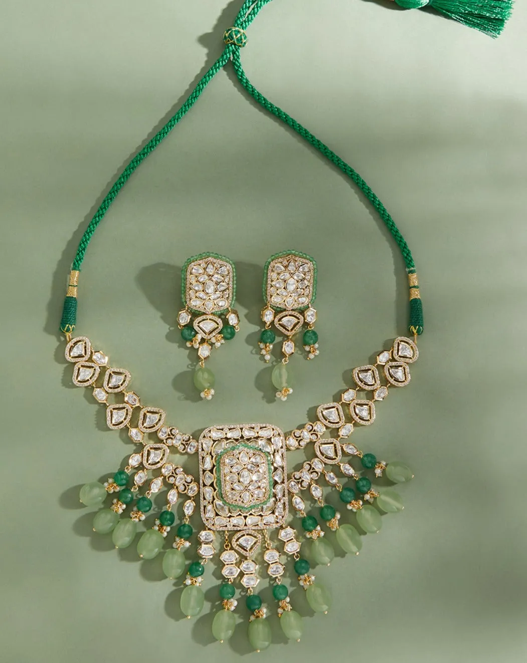 Polki & Green Jade Tumbles Bridal Necklace Set